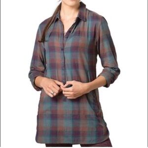 Toad & Co Mixologist organic cotton plaid button front tunic top shirt S